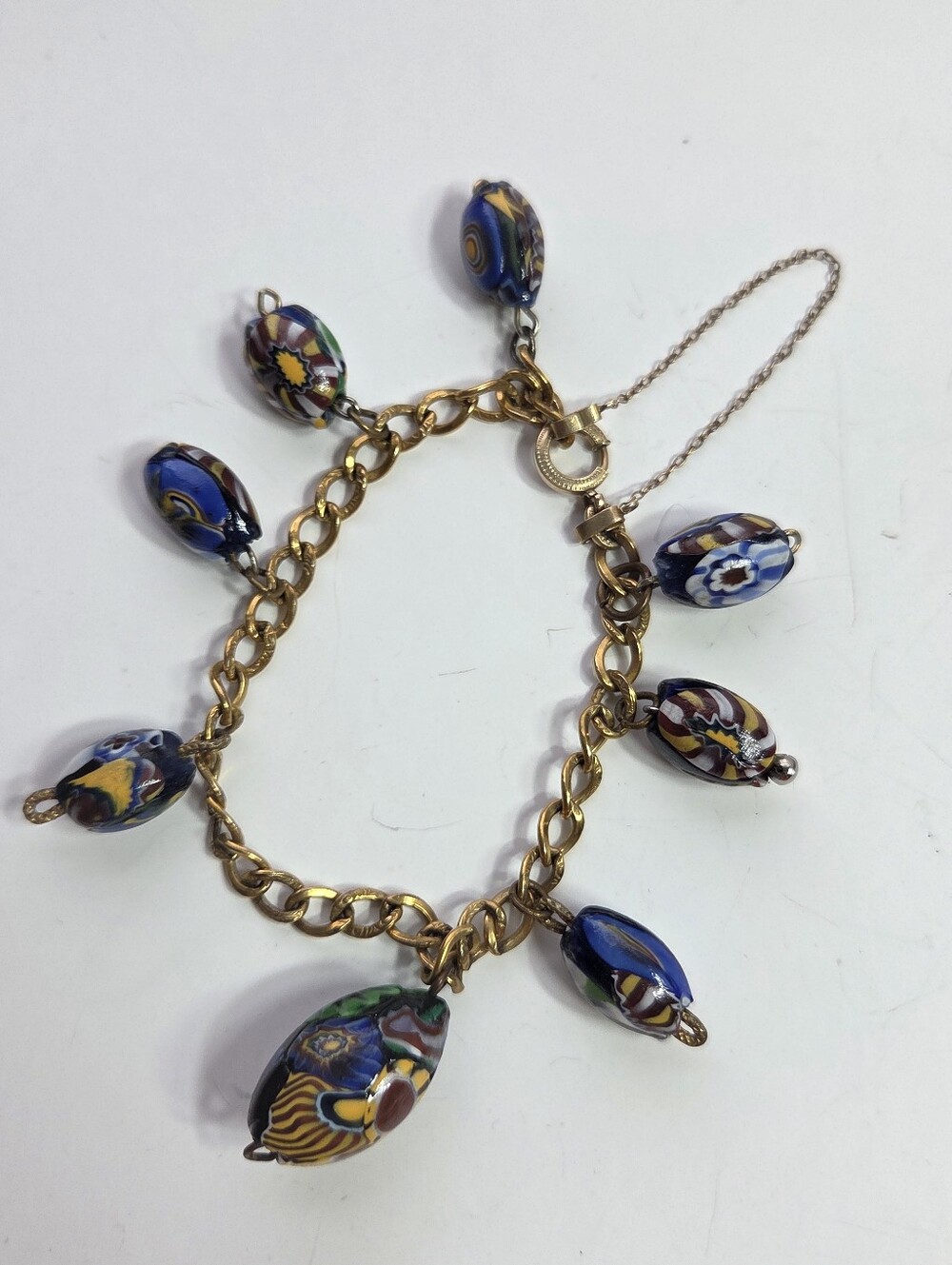 vtg Lestage venetian glass blue beaded charm bracelet 12k gf murano millifiori